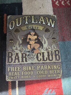 Outlaw Biker Bar & Club Metal Wall Sign - Brown Cream Graphic